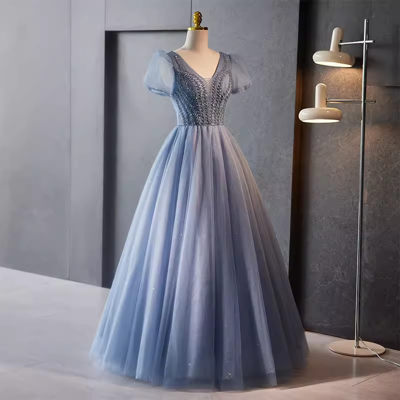 A line V Neckline Short Sleeves Long Blue Prom Dress