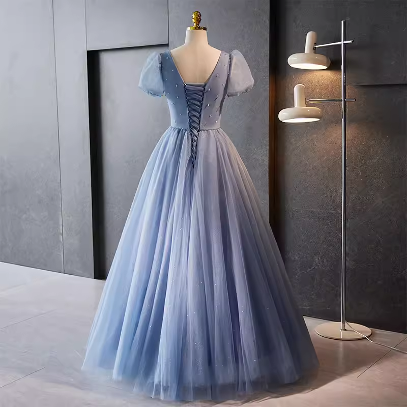A line V Neckline Short Sleeves Long Blue Prom Dress