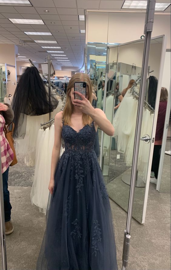 A-line v neck tulle lace long prom dress, tulle formal dress