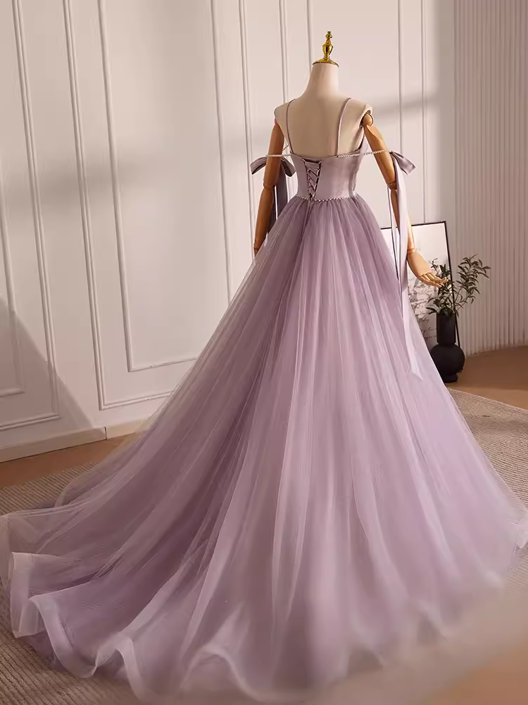Modest A line Straps Tulle Long Lilac Prom Dress