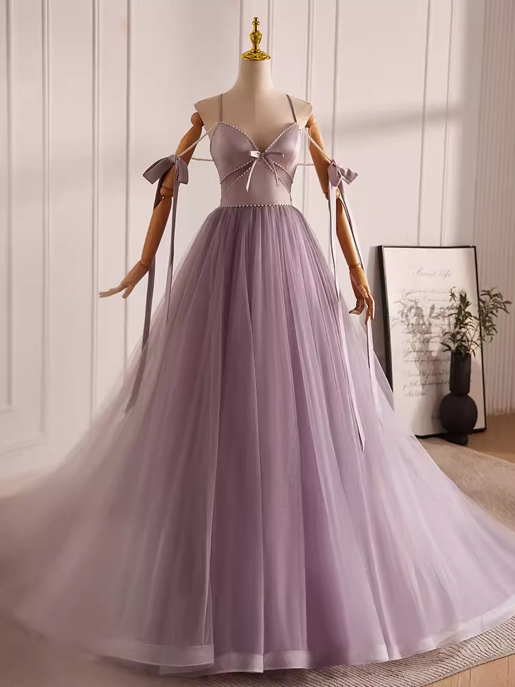 Modest A line Straps Tulle Long Lilac Prom Dress