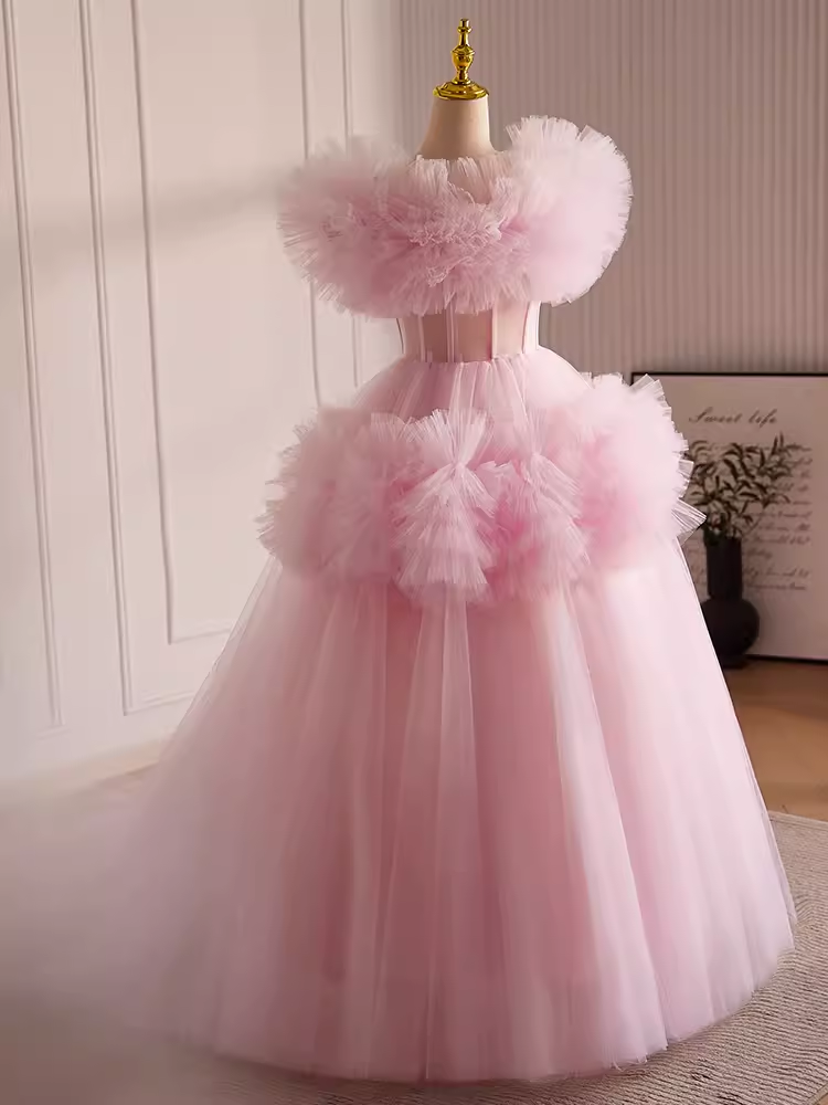 Vintage Ball Gown Short Sleeves Pink Tulle Sweet 16 Dresses