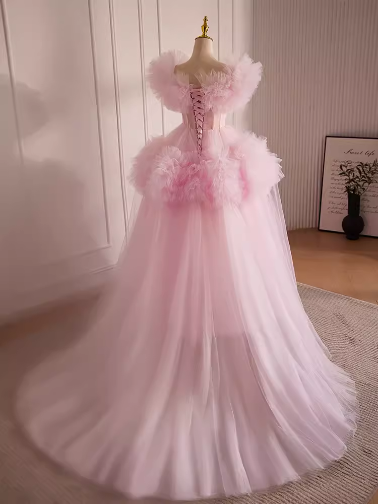 Vintage Ball Gown Short Sleeves Pink Tulle Sweet 16 Dresses