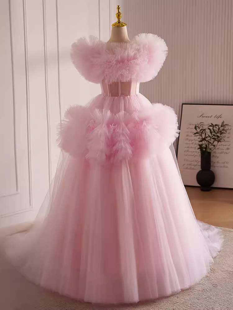 Vintage Ball Gown Short Sleeves Pink Tulle Sweet 16 Dresses