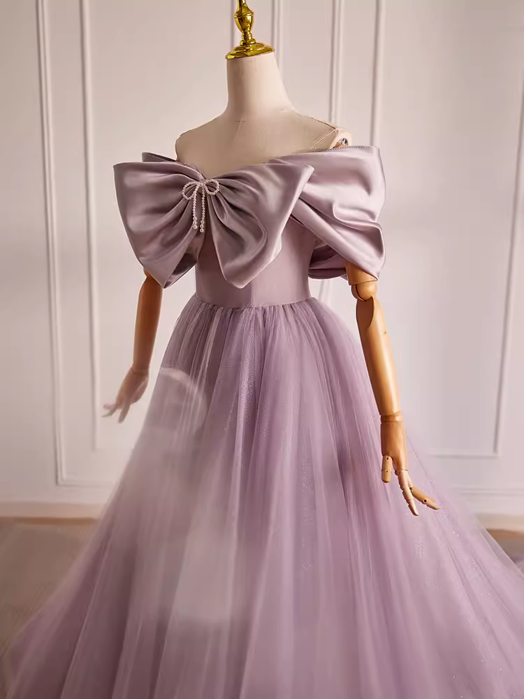 Modest A line Off The Shoulder Tulle Long Lilac Prom Dress