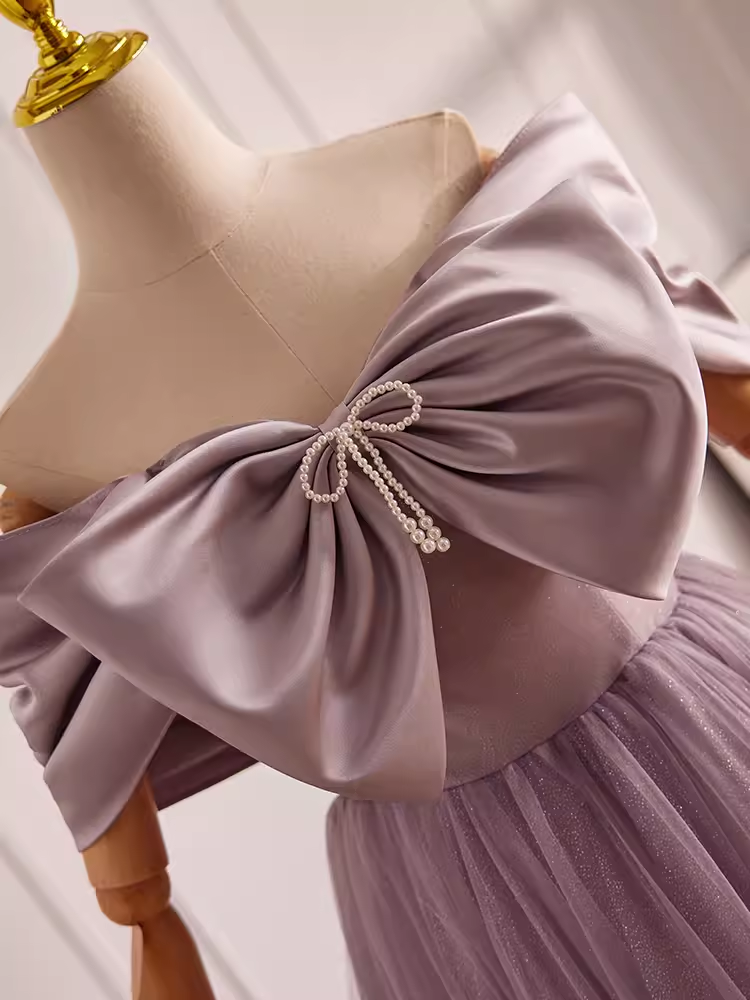 Modest A line Off The Shoulder Tulle Long Lilac Prom Dress