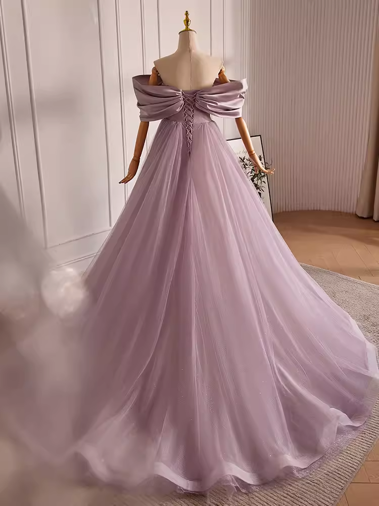 Modest A line Off The Shoulder Tulle Long Lilac Prom Dress