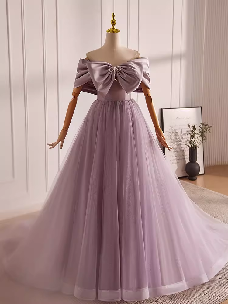 Modest A line Off The Shoulder Tulle Long Lilac Prom Dress
