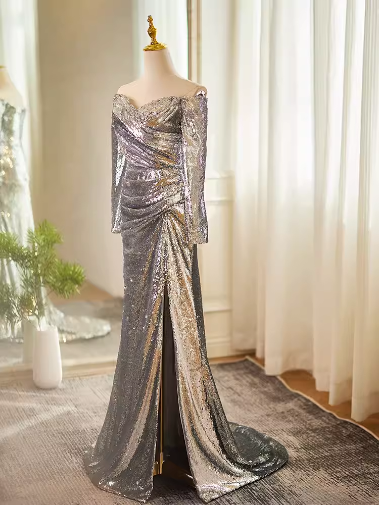 Modest Mermaid Off The Shoulder Sequin Long Silver Prom Dress