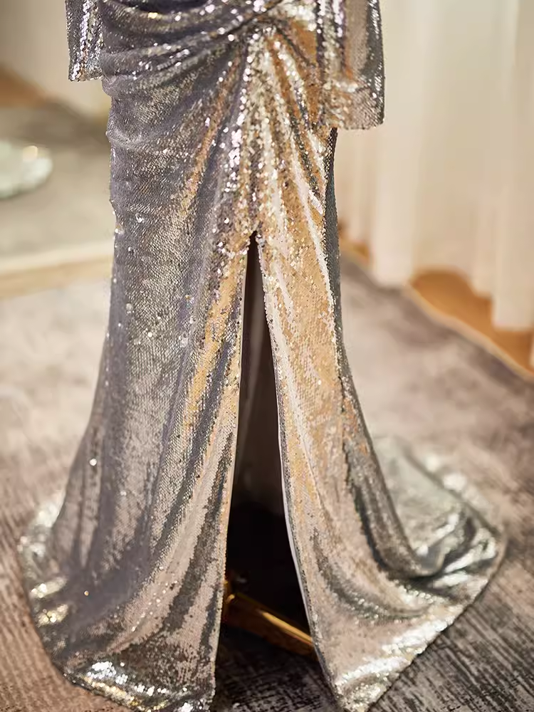 Modest Mermaid Off The Shoulder Sequin Long Silver Prom Dress