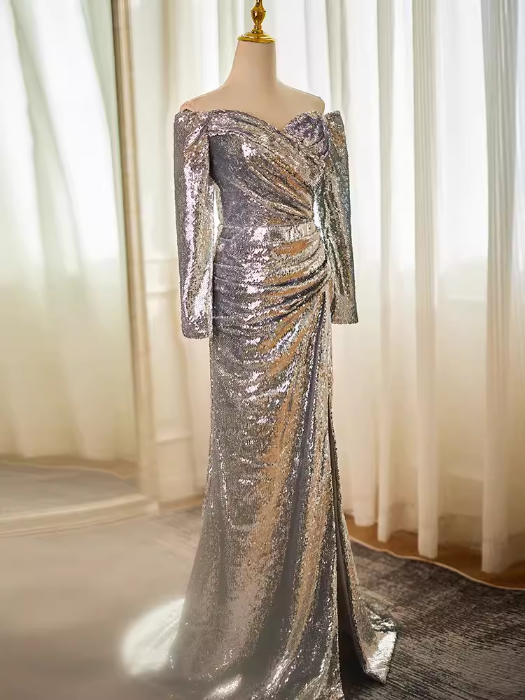 Modest Mermaid Off The Shoulder Sequin Long Silver Prom Dress
