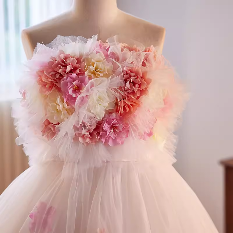 Vintage Ball Gown Strapless Pink Tulle Florwers Sweet 16 Dresses