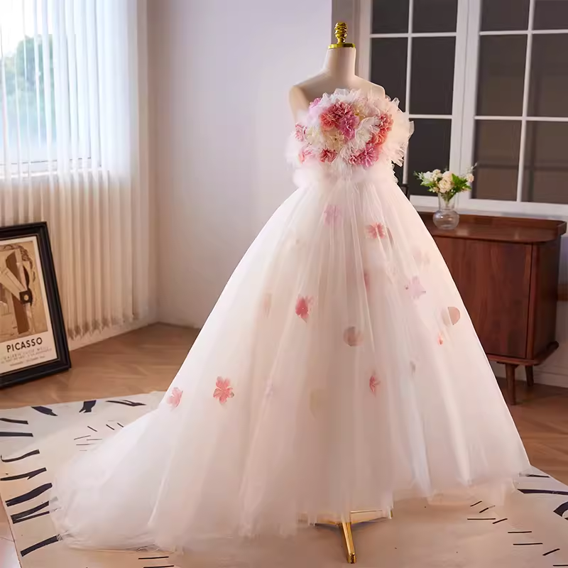 Vintage Ball Gown Strapless Pink Tulle Florwers Sweet 16 Dresses