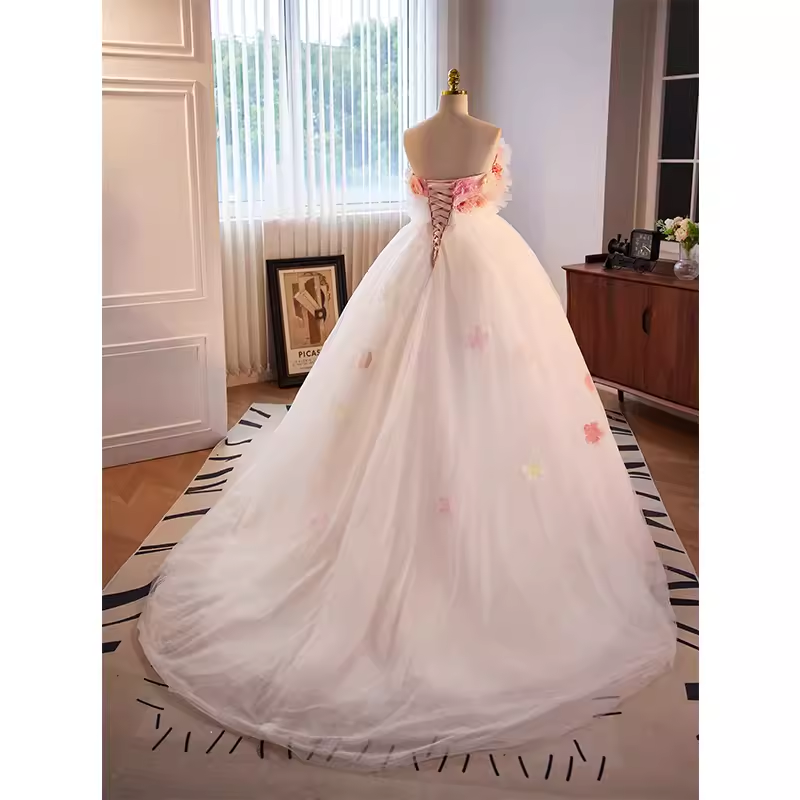 Vintage Ball Gown Strapless Pink Tulle Florwers Sweet 16 Dresses
