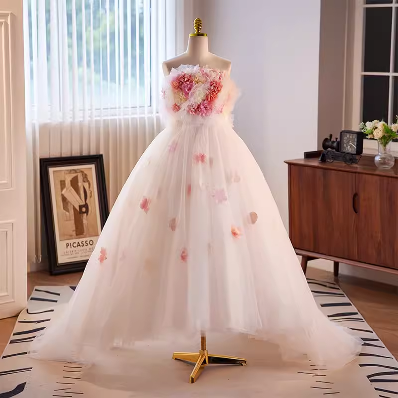 Vintage Ball Gown Strapless Pink Tulle Florwers Sweet 16 Dresses