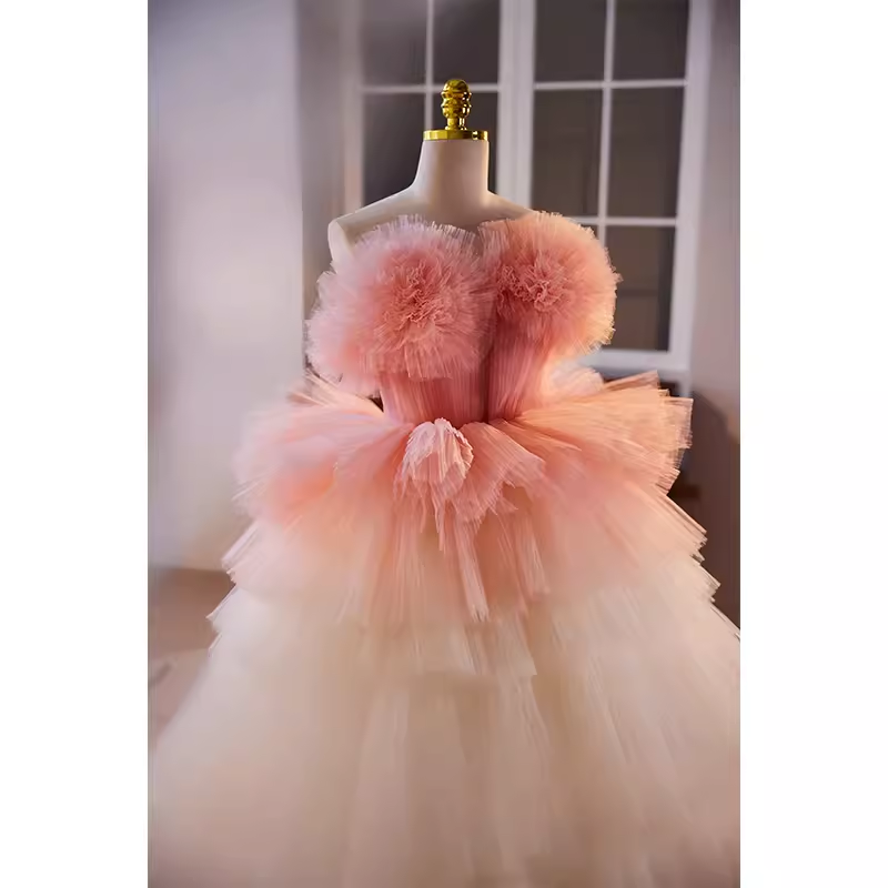 Vintage Ball Gown Strapless Ombre Pink Tulle Florwers Sweet 16 Dresses