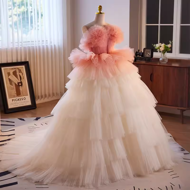 Vintage Ball Gown Strapless Ombre Pink Tulle Florwers Sweet 16 Dresses