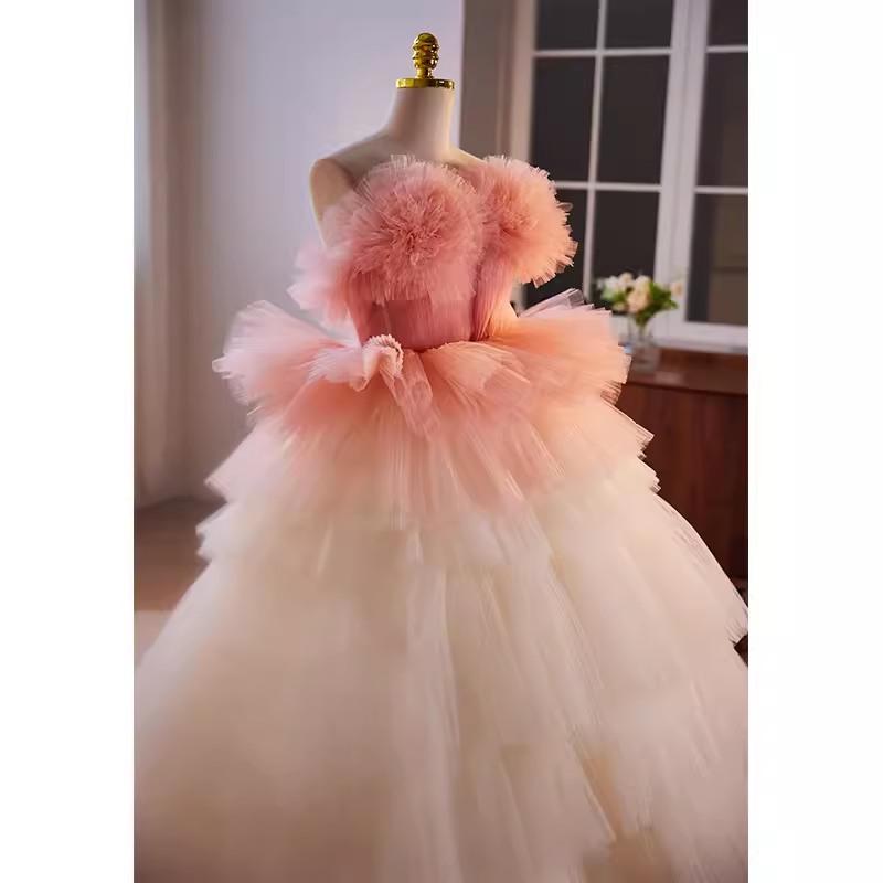 Vintage Ball Gown Strapless Ombre Pink Tulle Florwers Sweet 16 Dresses