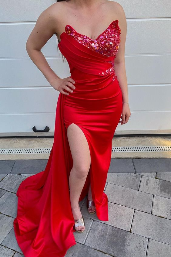Red Sweetheart Long Sequins Mermaid Prom Dress Slit With Ruffles