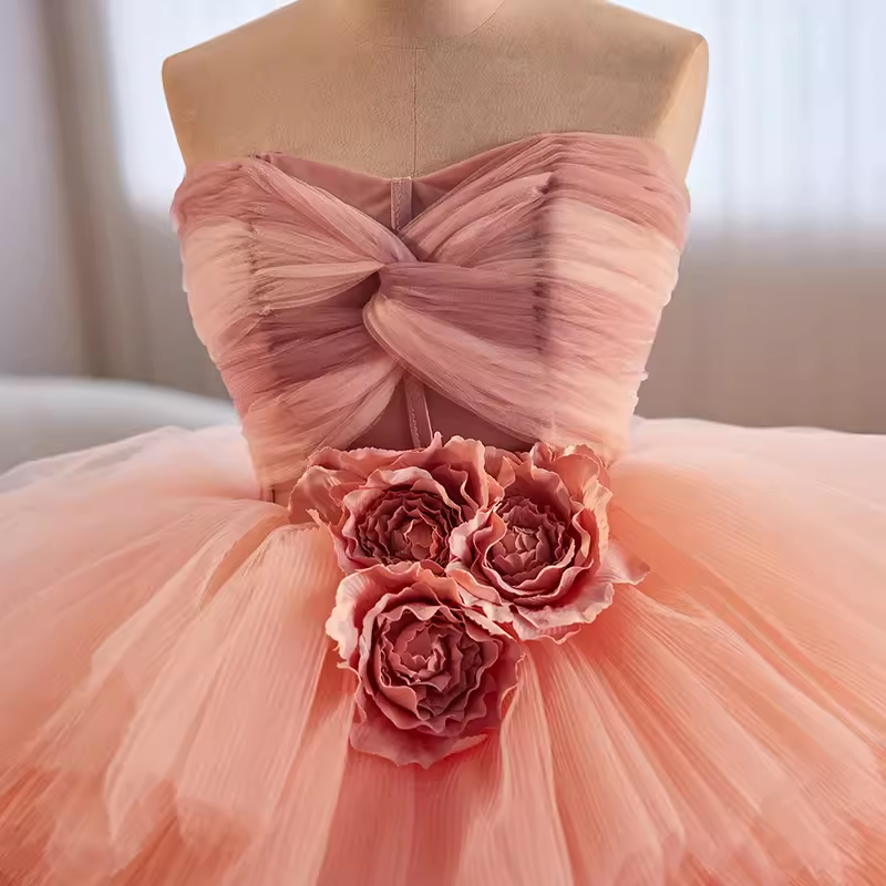 Vintage Ball Gown Strapless Pink Tulle Ruffles Sweet 16 Dresses