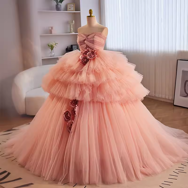 Vintage Ball Gown Strapless Pink Tulle Ruffles Sweet 16 Dresses