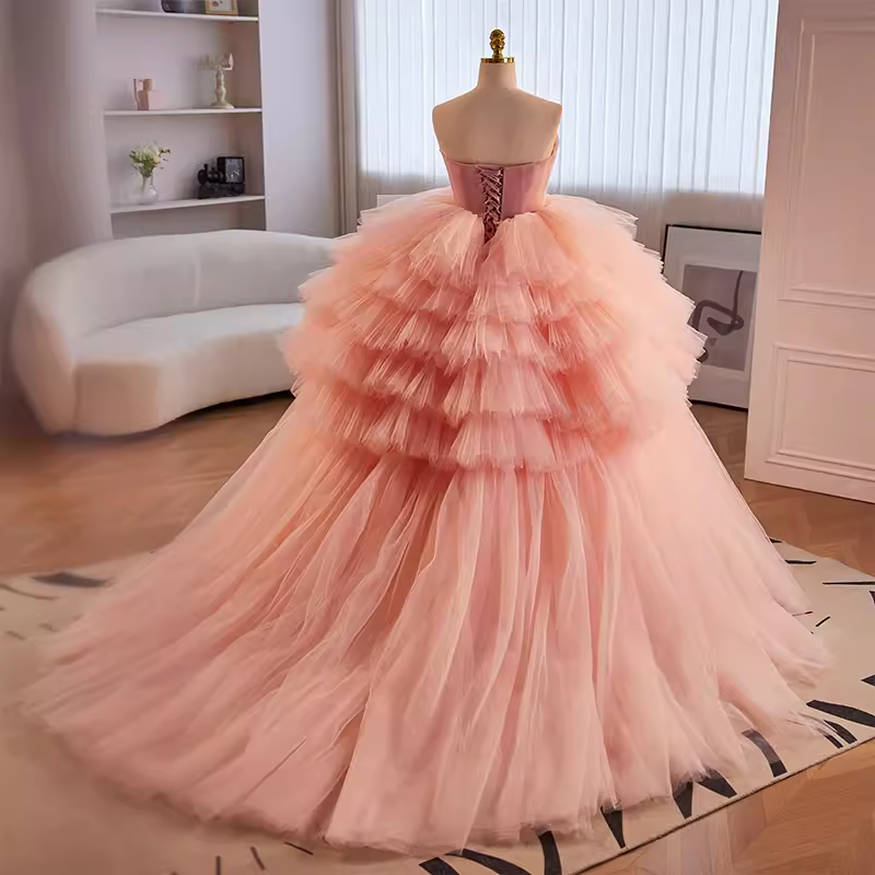 Vintage Ball Gown Strapless Pink Tulle Ruffles Sweet 16 Dresses