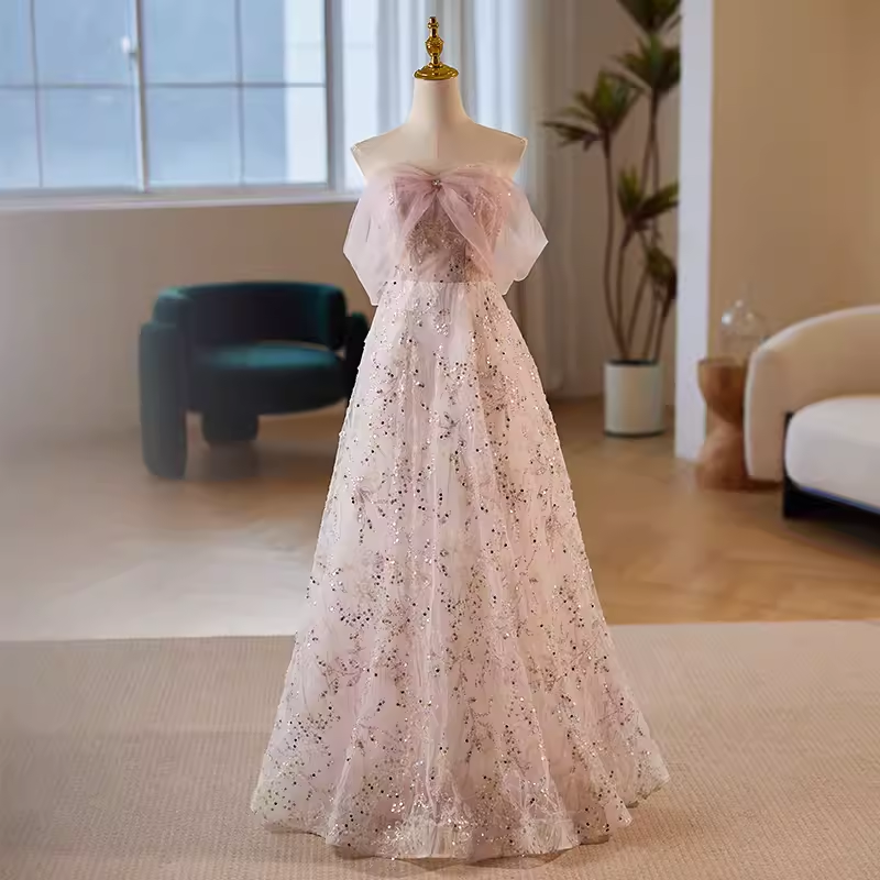 Modest A line Strapless Long Tulle Pink Prom Dress