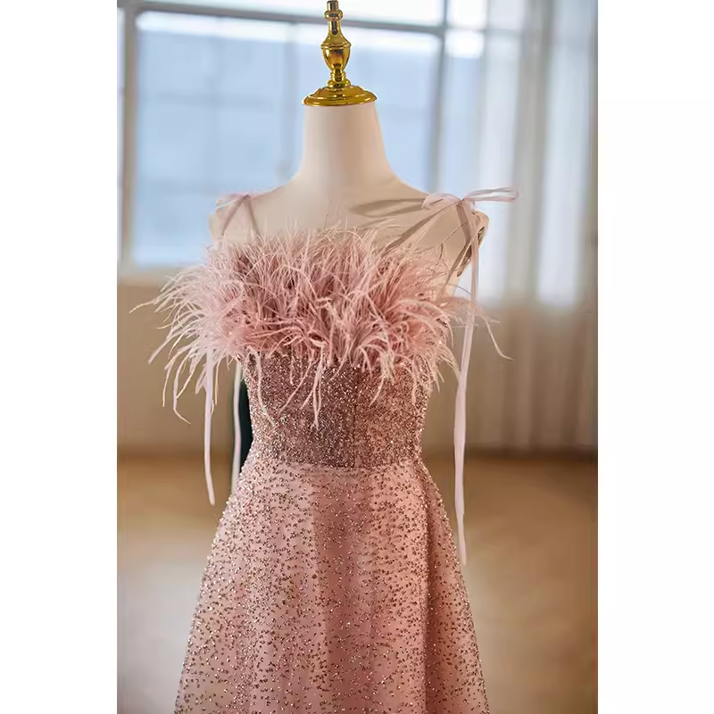 Modest A line Straps Long Sequin Pink Prom Dress