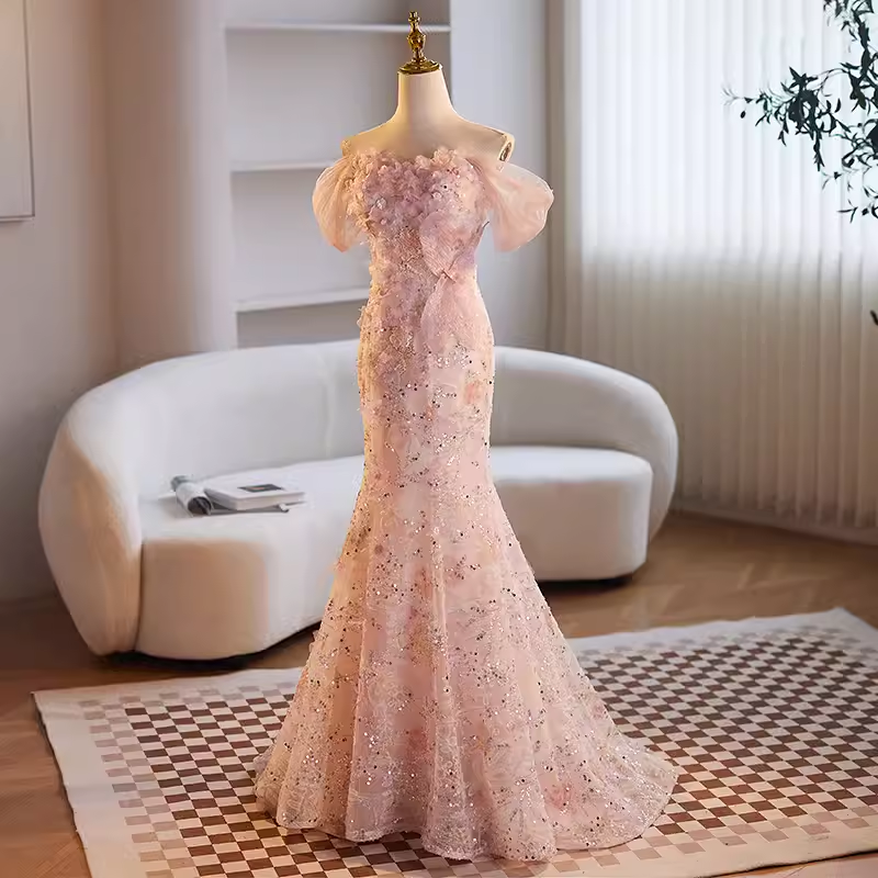 Modest Mermaid Off The Shoulder Long Pink Prom Dress