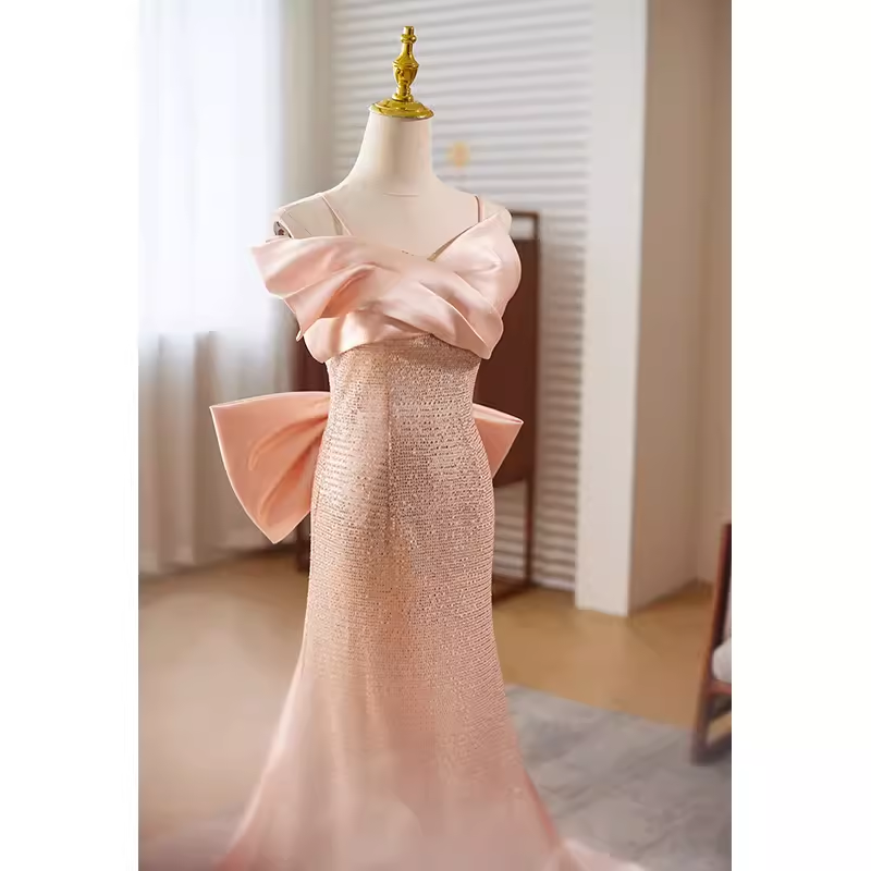 Modest Mermaid Straps Satin Long Pink Prom Dress
