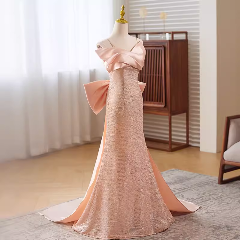 Modest Mermaid Straps Satin Long Pink Prom Dress