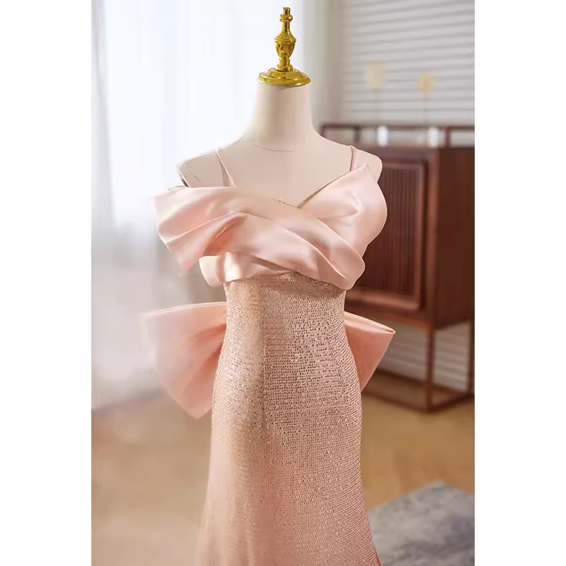 Modest Mermaid Straps Satin Long Pink Prom Dress