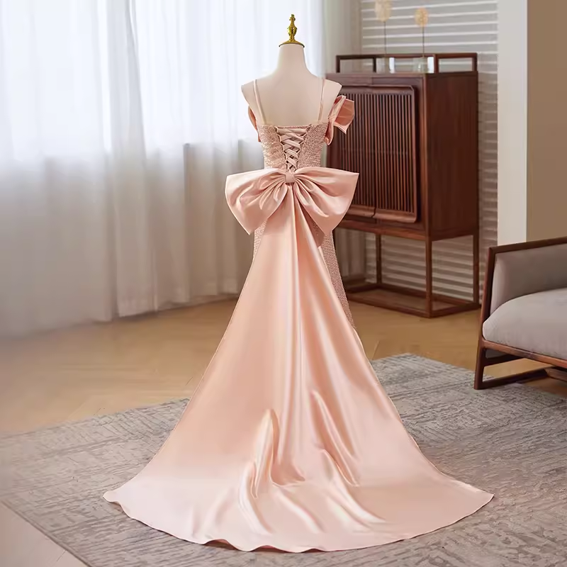 Modest Mermaid Straps Satin Long Pink Prom Dress