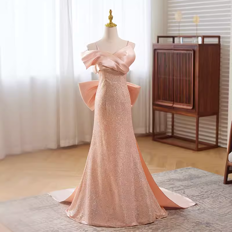 Modest Mermaid Straps Satin Long Pink Prom Dress