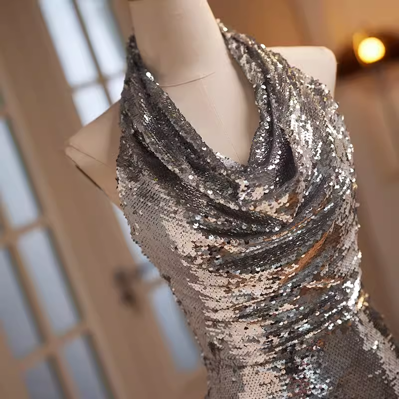 Modest Mermaid Halter Sequin Long Silver Prom Dress