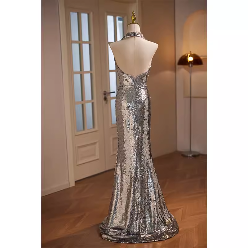 Modest Mermaid Halter Sequin Long Silver Prom Dress