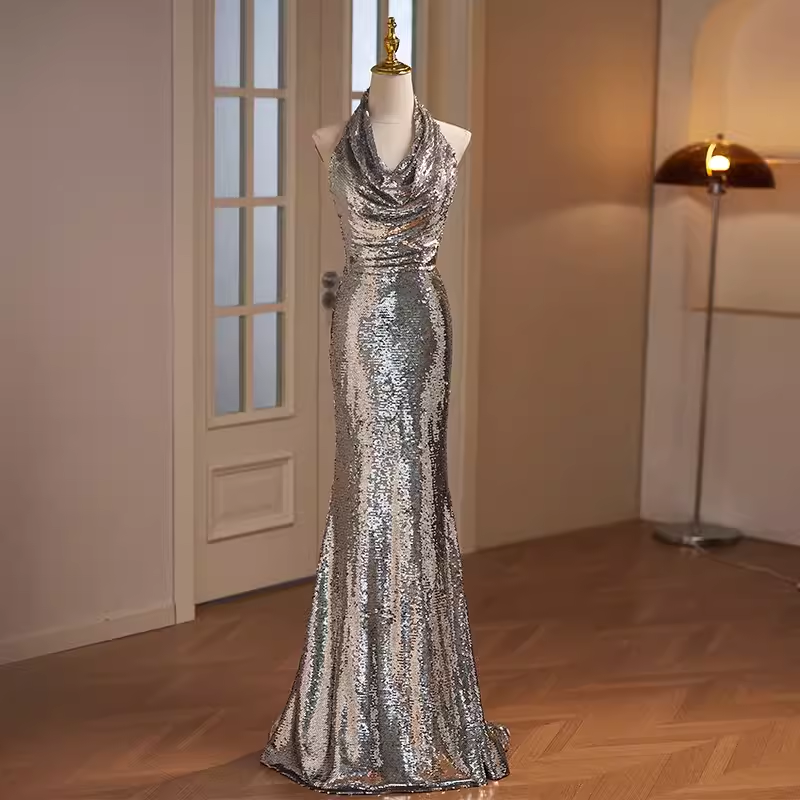 Modest Mermaid Halter Sequin Long Silver Prom Dress