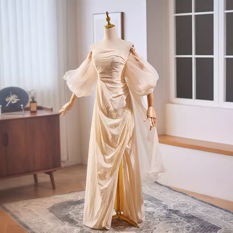 Vintage A line Strapless Long Champagne Prom Dress