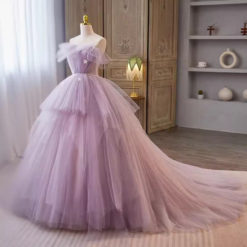 Vintage Ball Gown Strapless Lilac Tulle Ruffles Sweet 16 Dresses