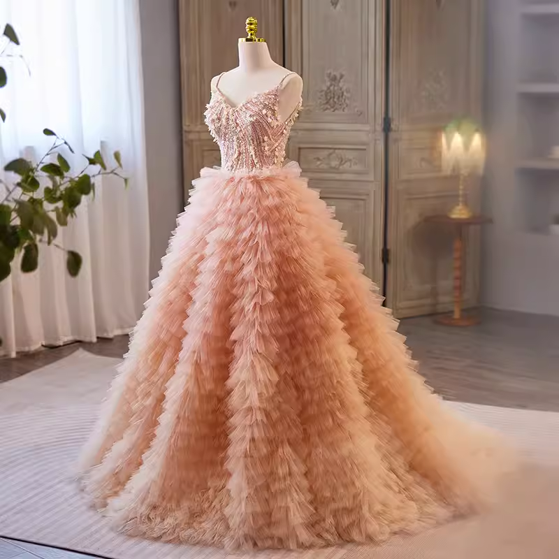 Vintage Ball Gown Straps Pink Tulle Beads Ruffles Sweet 16 Dresses