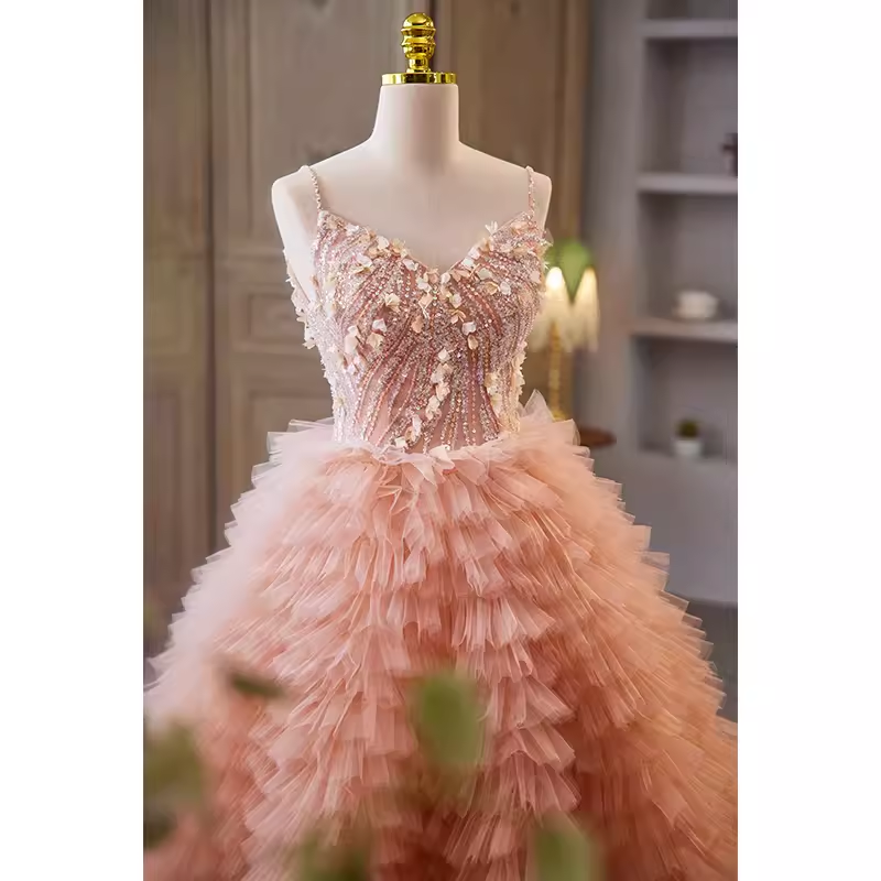 Vintage Ball Gown Straps Pink Tulle Beads Ruffles Sweet 16 Dresses