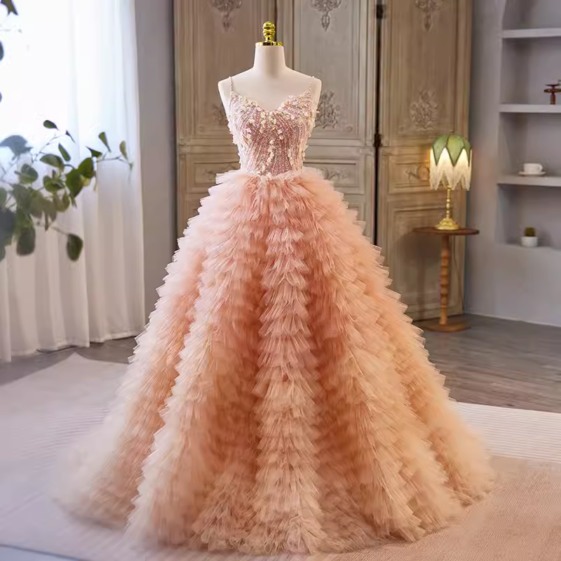Vintage Ball Gown Straps Pink Tulle Beads Ruffles Sweet 16 Dresses