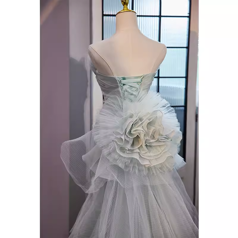 Vintage Mermaid Strapless Long Tulle Light Green Prom Dress