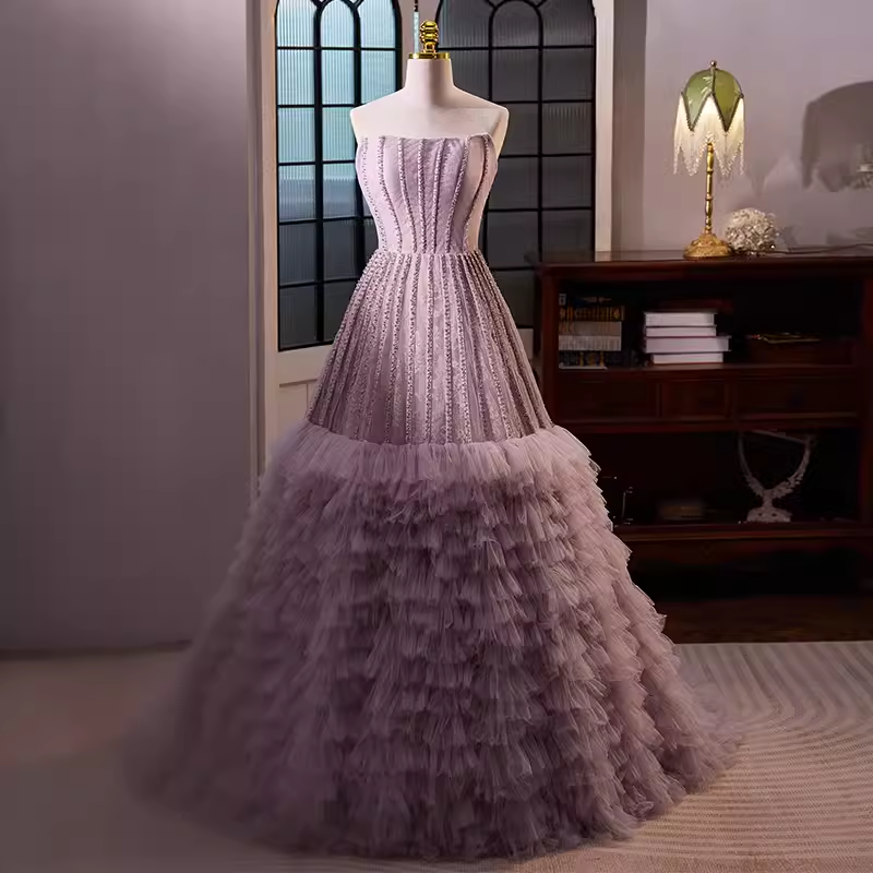 Vintage Ball Gown Strapless Lilac Tulle Beads Ruffles Sweet 16 Dresses