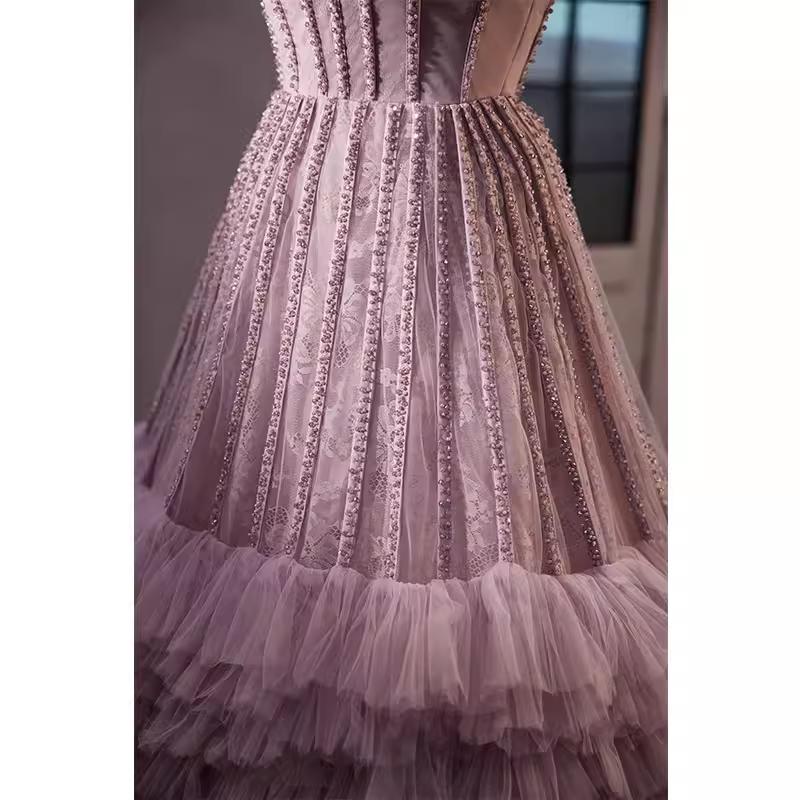 Vintage Ball Gown Strapless Lilac Tulle Beads Ruffles Sweet 16 Dresses