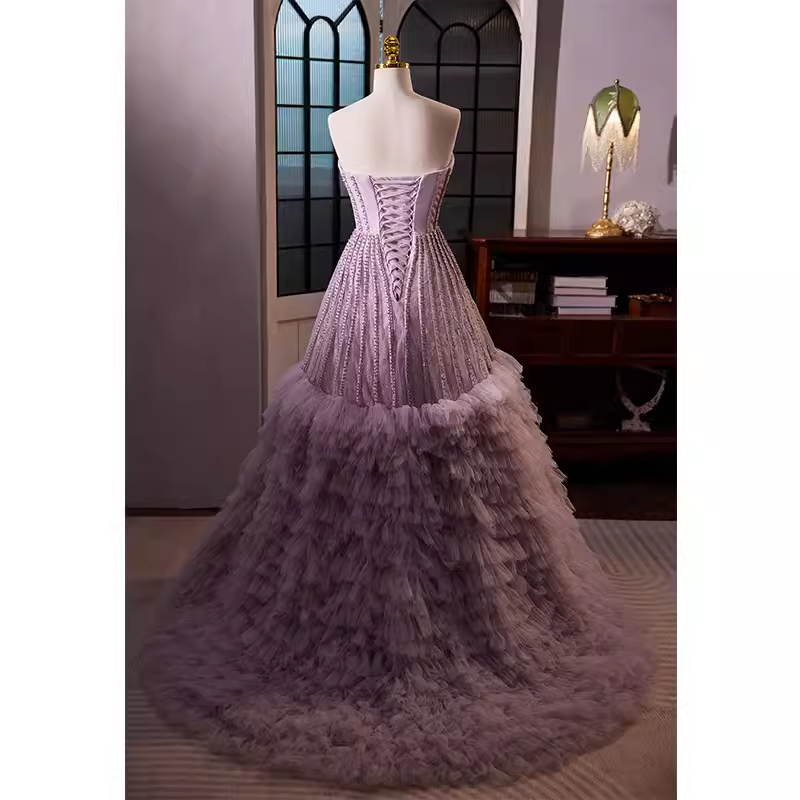 Vintage Ball Gown Strapless Lilac Tulle Beads Ruffles Sweet 16 Dresses