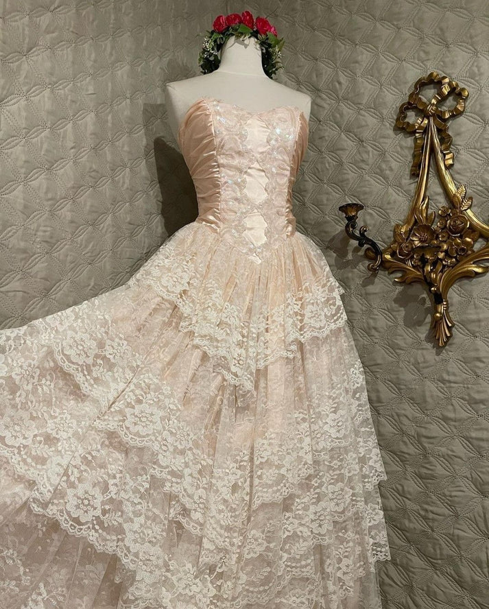 Strapless Lace Layered A Line Prom Dress Elegant Ball Gown