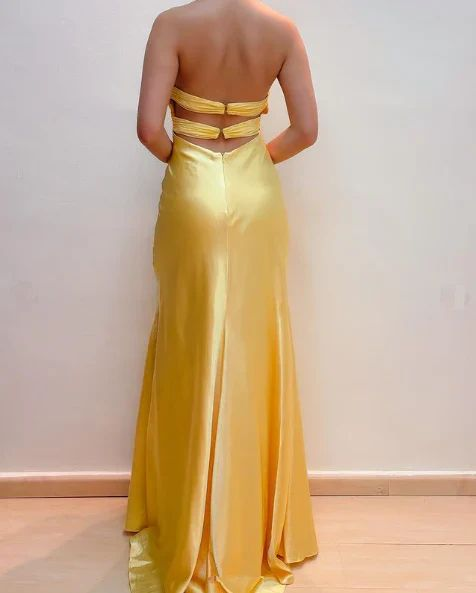 Yellow Halter Satin Beaded Mermaid Prom Dress,Slit Long Party Evening Dress