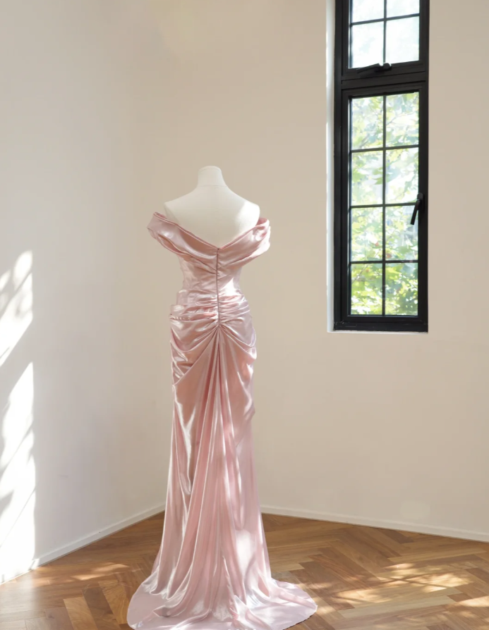 Fairy Pink Off The Shoulder Satin Pleated Slit Mermaid Party Dress Long Wedding Guest Dress