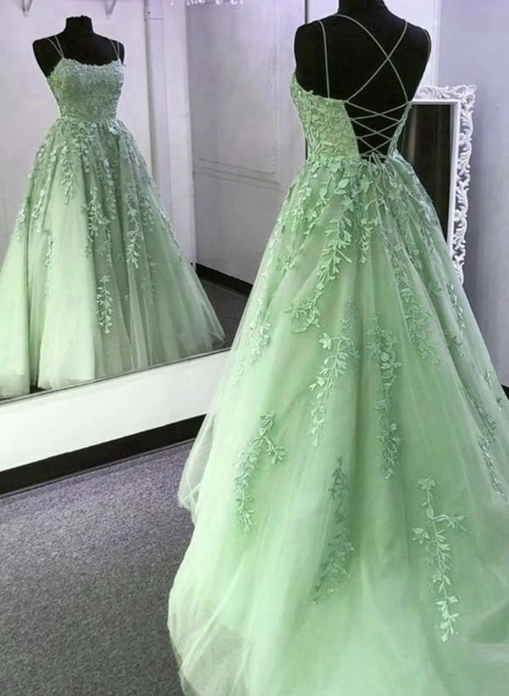 Simple A-Line Spaghetti Straps Lace Light Sky Blue Backless Long Prom Dress